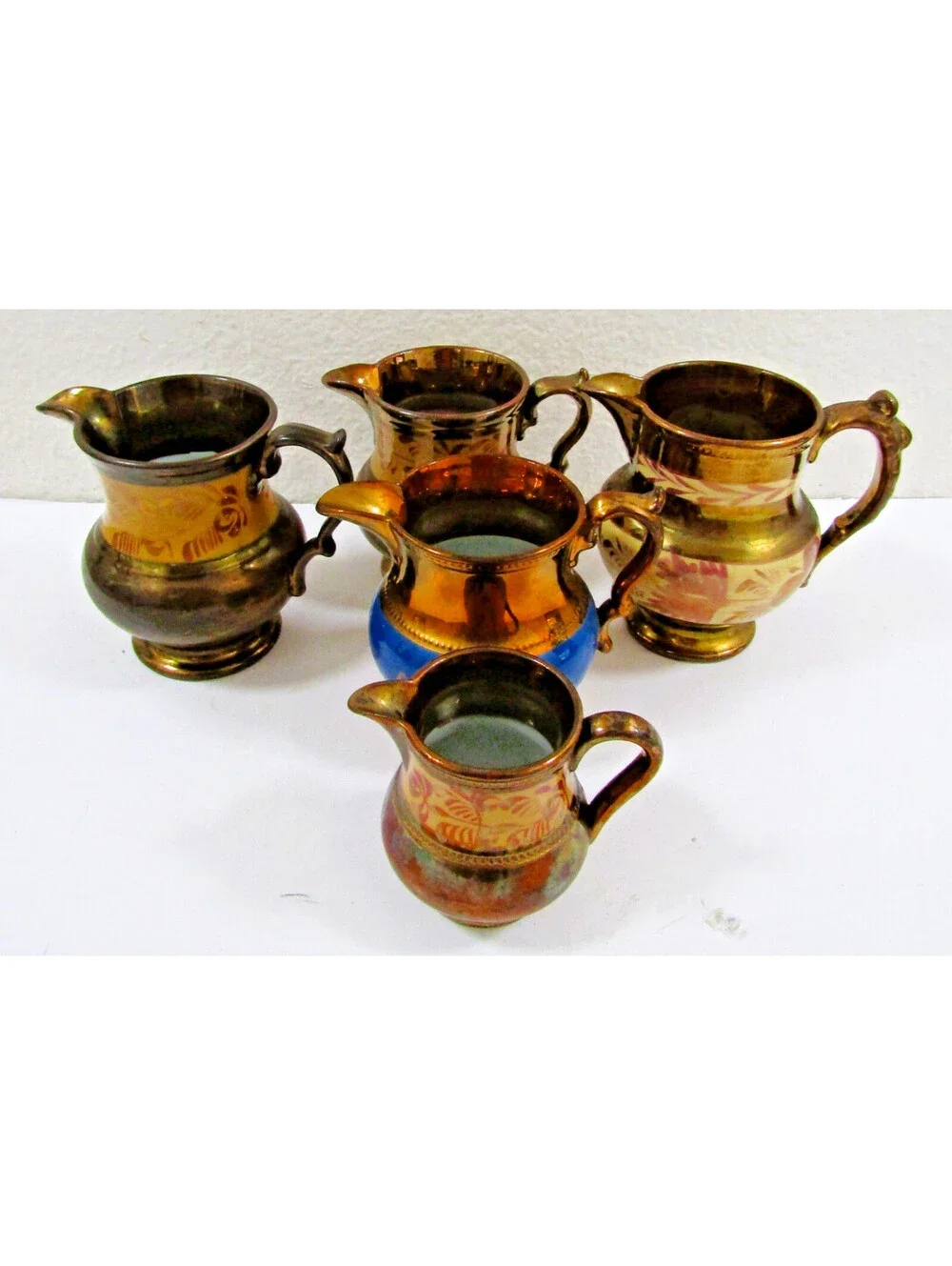 Antique Copper Lustre Collection of Five Pitchers